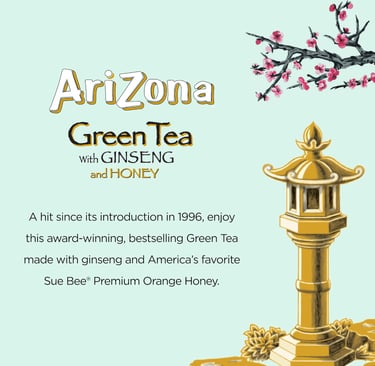 Arizona Green Tea with Ginseng and Honey featuring cherry blossoms and a golden Japanese lantern.