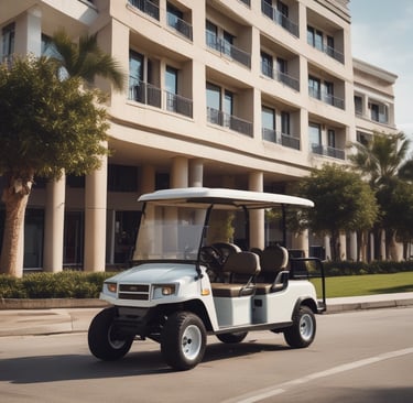 A panoramic view of electric cars lined up at a golf club.