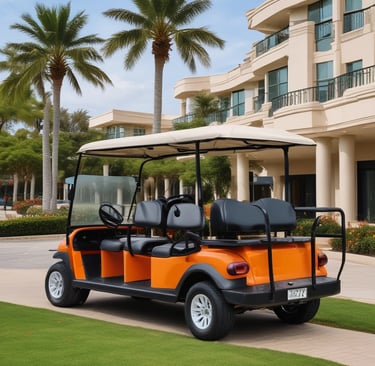 A sleek electric car parked on a lush green golf course.