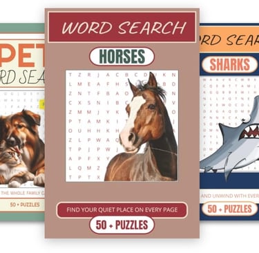 Debas Direct word search book covers for Pets, Horses, and Sharks