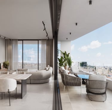 Interior view of Lev Limassol apartment living room with sea view balcony