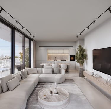 Open-plan living and dining area with panoramic city view at Lev Limassol