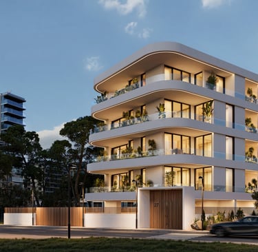 Front view of Lev Limassol luxury residential building in Cyprus at sunset