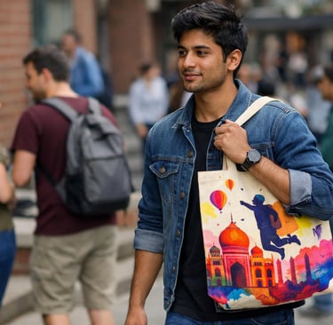 A young man wearing a denim jacket carries a colorful canvas tote bag with a Taj Mahal illustration.