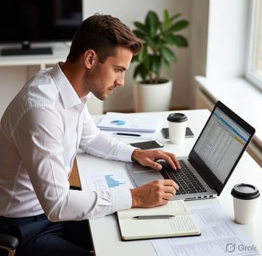Focused male professional analyzing data on a laptop at a bright office desk.