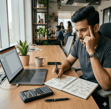 A young professional brainstorming at an office desk with a laptop and notebook.