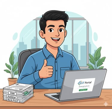 a man sitting at a desk with a laptop and thumbs up