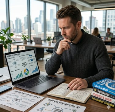 A businessman analyzing market data and business strategy on a laptop and notebook in a modern office.