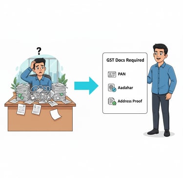 a man in a blue shirt is standing in front of a desk with a pile