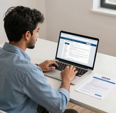 A man using a laptop to complete an online Udyam Registration for a small business application.