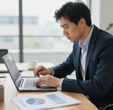 a man sitting at a desk with a laptop and a laptop