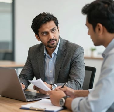 Professional businessman in a grey blazer discussing documents during a corporate office meeting.