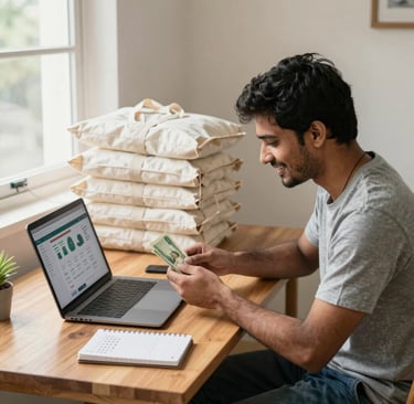 A happy entrepreneur counting cash while managing his online business inventory on a laptop.
