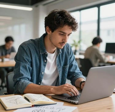 Young male developer working on a laptop in a modern open-plan coworking office space.