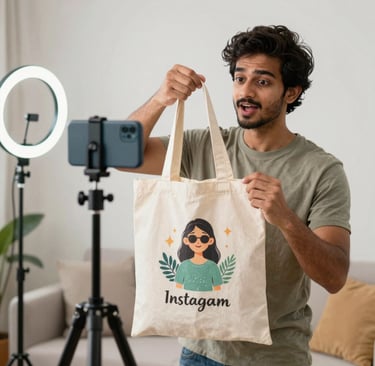 A social media influencer recording a product review of a custom tote bag with a ring light and smartphone.