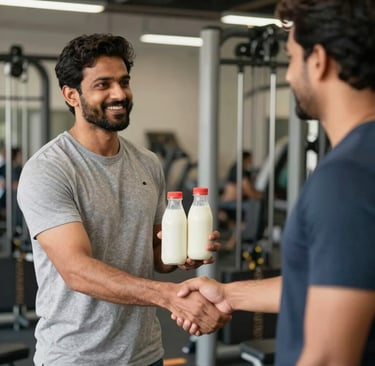 Smiling man in a gym shaking hands while holding two protein milk bottles for post-workout recovery.