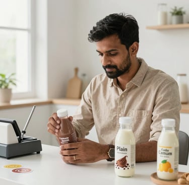 A man at a table examining a chocolate protein shake bottle next to plain and fruit milk bottles.