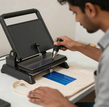 A technician using a screen printing machine to apply a blue design onto a canvas tote bag.