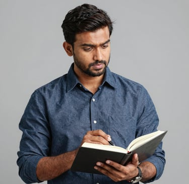 Professional man in a blue shirt writing notes in a black notebook for business planning.