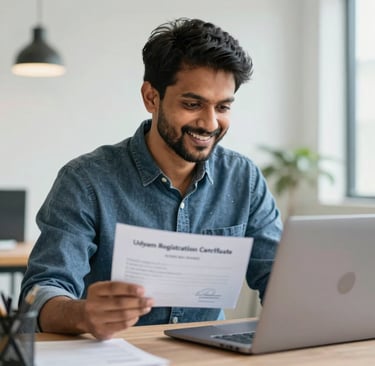 A smiling man holding his Udyam Registration Certificate while working on a laptop in an office.