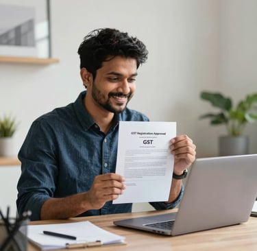 A smiling small business owner holding an approved GST registration document in front of his laptop.