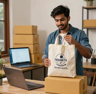 A small business owner packing a branded tote bag into a cardboard shipping box for customer delivery.