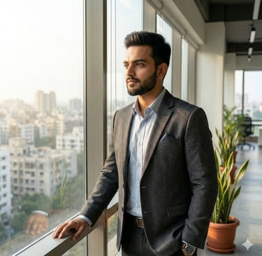 Professional businessman in a grey blazer looking out a high-rise office window at the city skyline.
