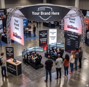 Branded sim racing experiential marketing booth at a trade with custom branding & lead generation