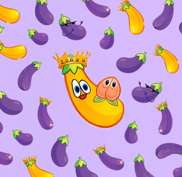 une aubergine violette d'aspect caricatural avec une couronne dessus