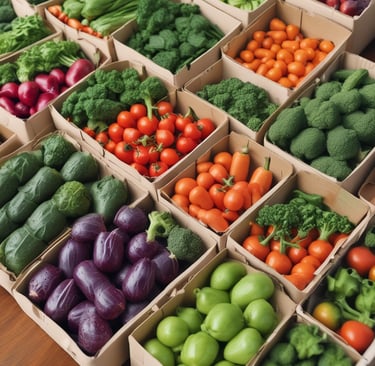 A collection of fresh vegetables including onions, carrots, celeriac, leeks, a leafy green vegetable, and a can of organic coconut milk are arranged on a patterned surface. The items are organized with some inside a cardboard box labeled 'Feel Good Farming' and others placed alongside a magazine feature.