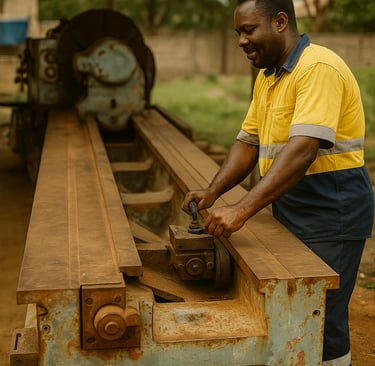 a man in a yellow shirt is working on a machine at Denco Foundry Tema. A very popular metal casting 