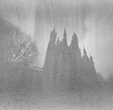 Misty church in monochrome, captured with pinhole