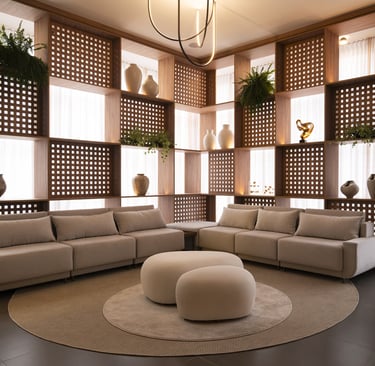 a living room with a couch and a large rug