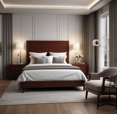 A serene bedroom showcasing a comfortable bed and decorative elements.
