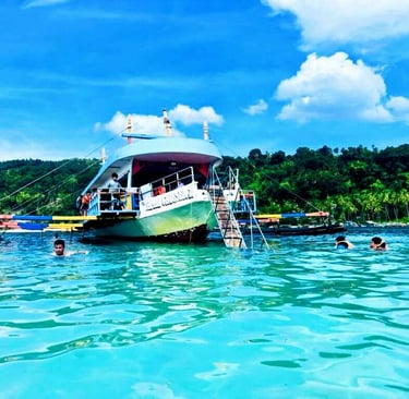 a boat with people swimming in the water