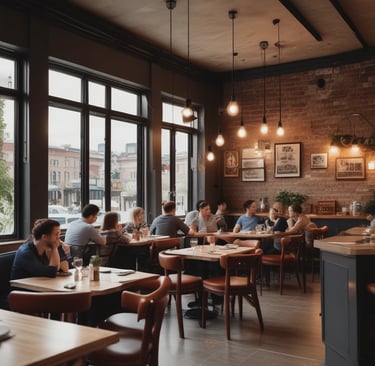 A colorful storefront featuring a wooden porch with a teal railing, furniture like chairs and a small table, and hanging plants in red pots. Above the porch, vibrant signs advertise various services and merchandise under the brand 'Social'. The signs are in a mix of English and another language, offering amenities like a boardroom with a bar, free WiFi, video conferencing, and merchandise such as beer glasses and pickle jars.