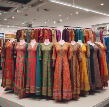A vibrant display of women's clothing showcasing Pakistani designs.