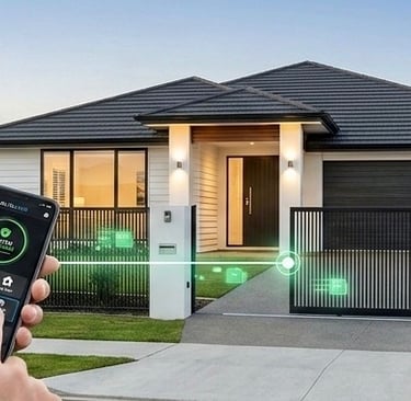 A person uses a smartphone app to control a automatic gate for home security.