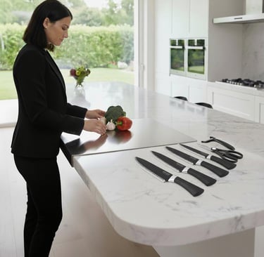 Premium chef knife, paring knife, peeler, ready to be used by chef on steel cutting board in kitchen