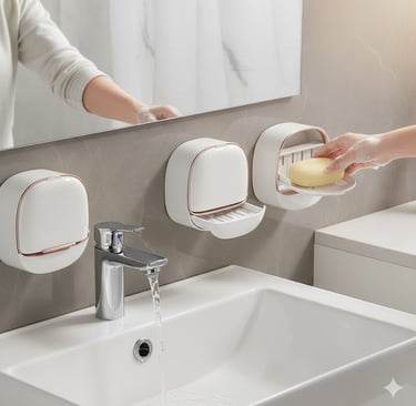 Wall-mounted flip cover soap holder with drain, shown in use in a modern bathroom sink setting