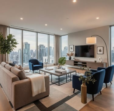 An elegant living room with interior decor and prayer mat on sofa side 