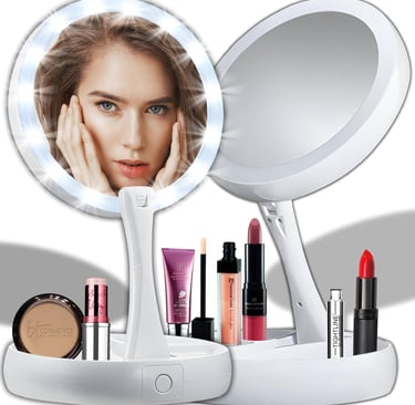 Portable makeup mirror with light and 10X magnification