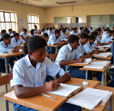 Two individuals are seated at a wooden table in a classroom or office setting. One person, wearing a gray t-shirt, is writing in a notebook, while the other, dressed in a suit, observes and offers guidance. The room appears to have minimal lighting, with a soft natural light coming through the windows.