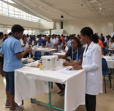 A conference or seminar setting with a speaker at a podium adorned with a blue cloth and floral arrangement. Behind the speaker are several banners and posters featuring organizations such as the Australian National University and themes like development policy. Attendees are seated in the foreground, one taking a photo with a phone.