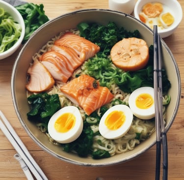 a bowl of noodles with salmon and eggs