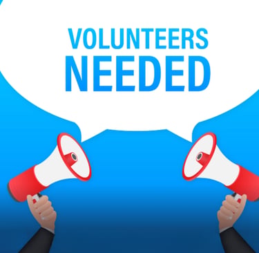 Comic style image of two hands holding megaphones with the text volunteers needed