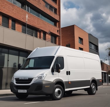 A red and white public transport minibus is parked in a lot on a sunny day. The vehicle has large windows with curtains and the text 'Public Transport Vehicle' is visible on the side. The parking area has yellow lines, and there's a background of trees and buildings under a clear blue sky.