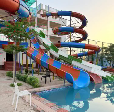 a water slider with a slider and a chair