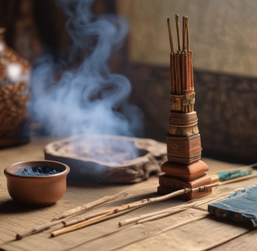 smoke and incense rising gently out of a clay dish with storax and incense sticks nearby