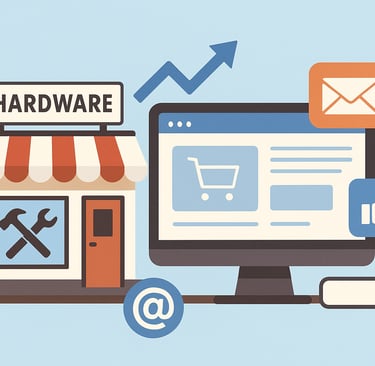 Illustration of a small hardware store transitioning to digital. A storefront with a striped awning 